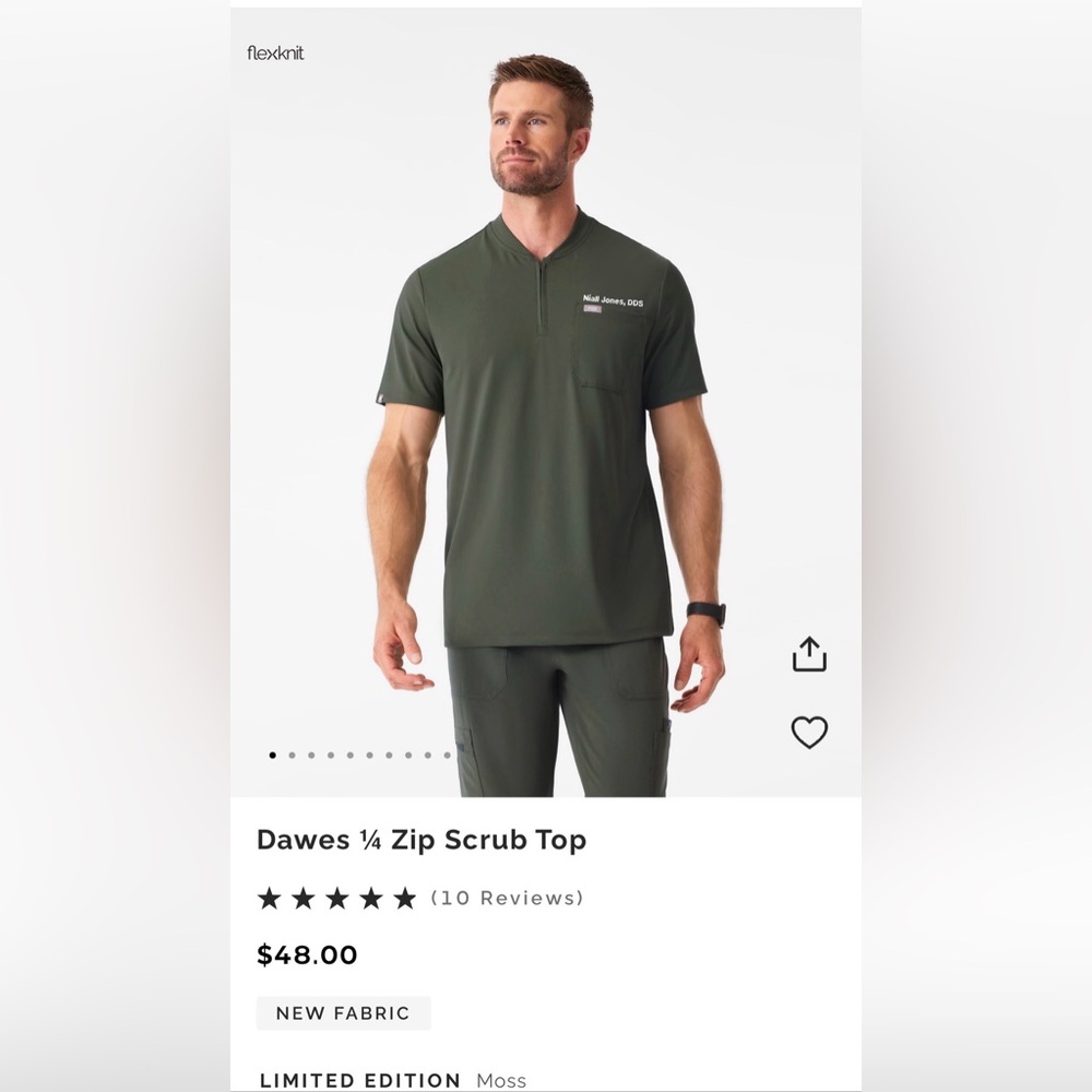 NWT Men’s Figs Dawes 1/4 Zip Flexknit Scrub Top, Medium